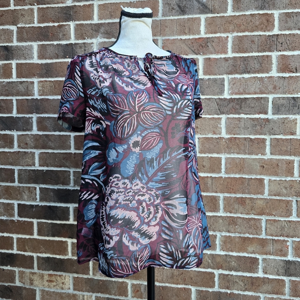 LOFT Sheer Floral Blouse XSP Blue Pink Lightweight Workwear Top